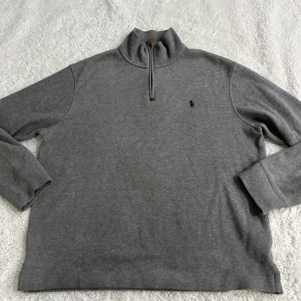 Polo Ralph Lauren Mens XL Quarter Zip Ribbed Sweater Gray Preppy Country Club